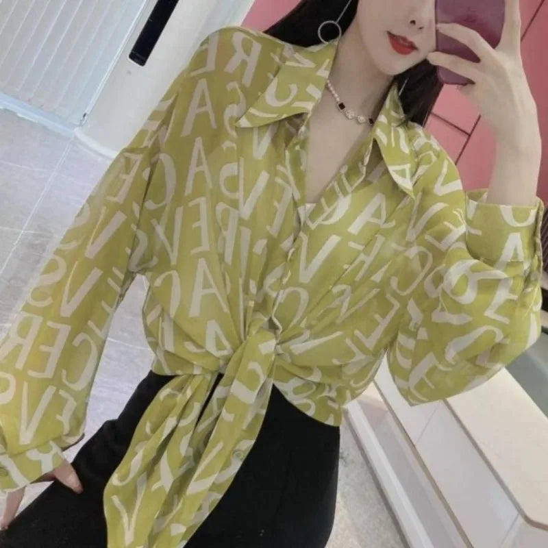 Loose Long sleeve Letter Striped Button Cardigan Shirt Tops