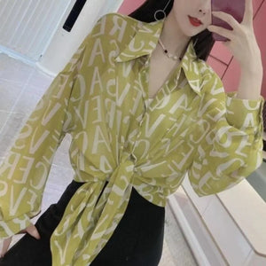 Loose Long sleeve Letter Striped Button Cardigan Shirt Tops