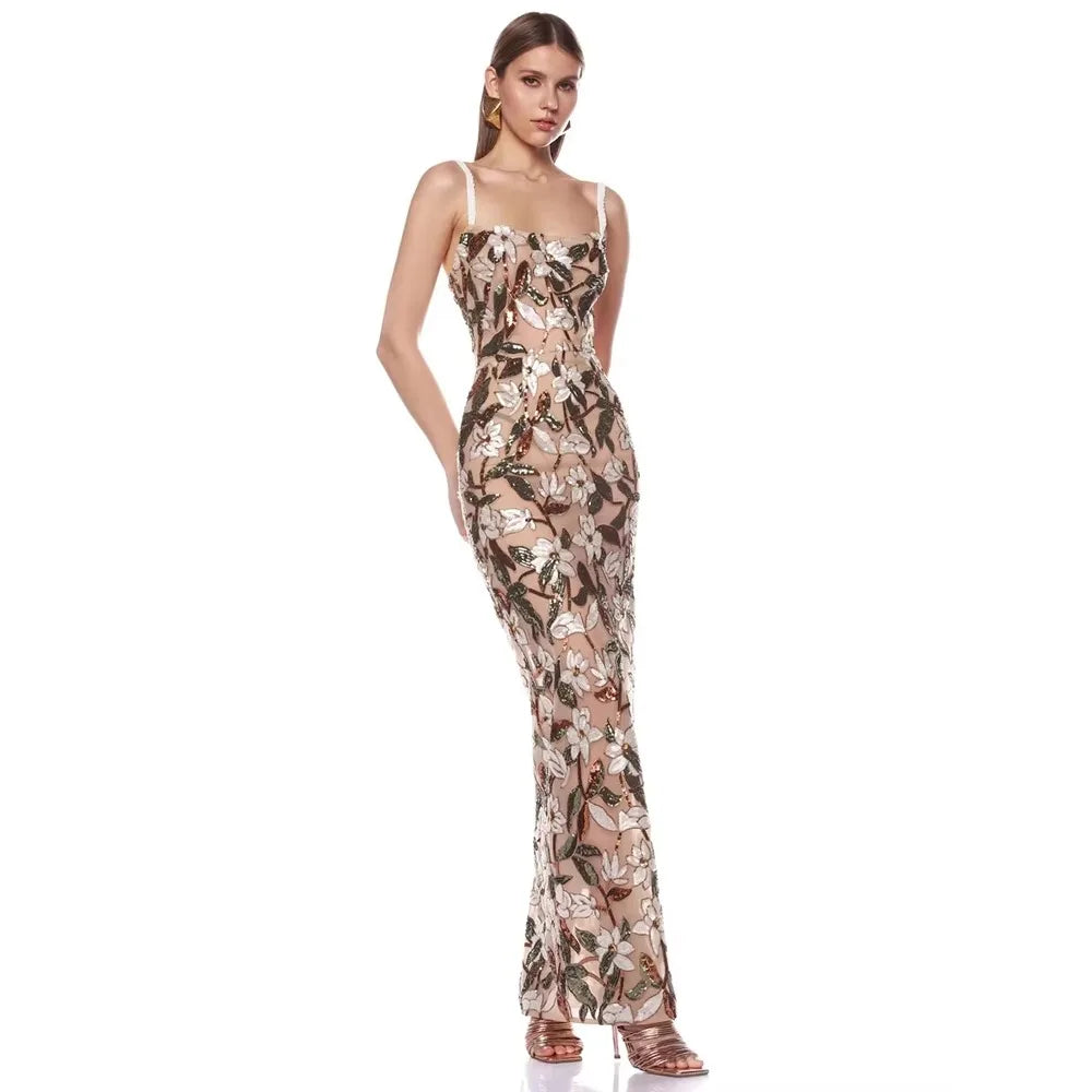 New Sexy Strapless Floral Sequin Long Dress