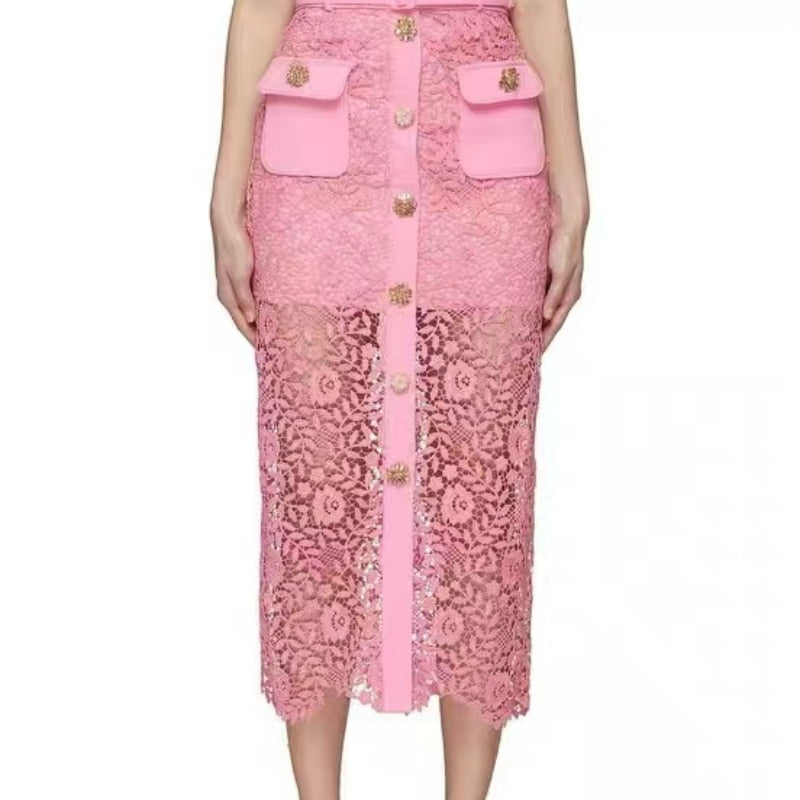Button Decoration Pink Lace Cardigan/Same High Waist Skirt