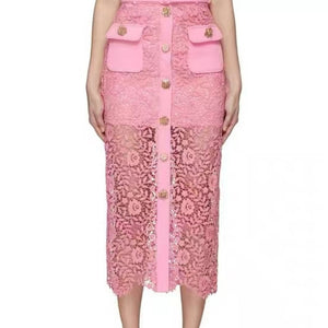Button Decoration Pink Lace Cardigan/Same High Waist Skirt