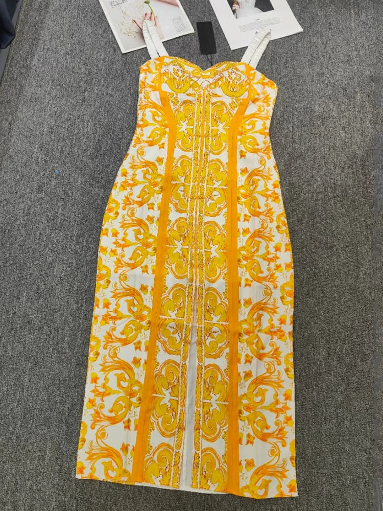 Retro Geometric Print Back Color Contrast Strapless Halter Dress