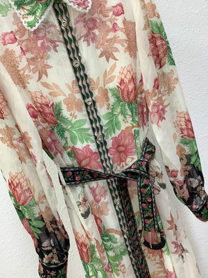 Turn-down Collar Pink Flower Print Gold Thread Belt Dress
