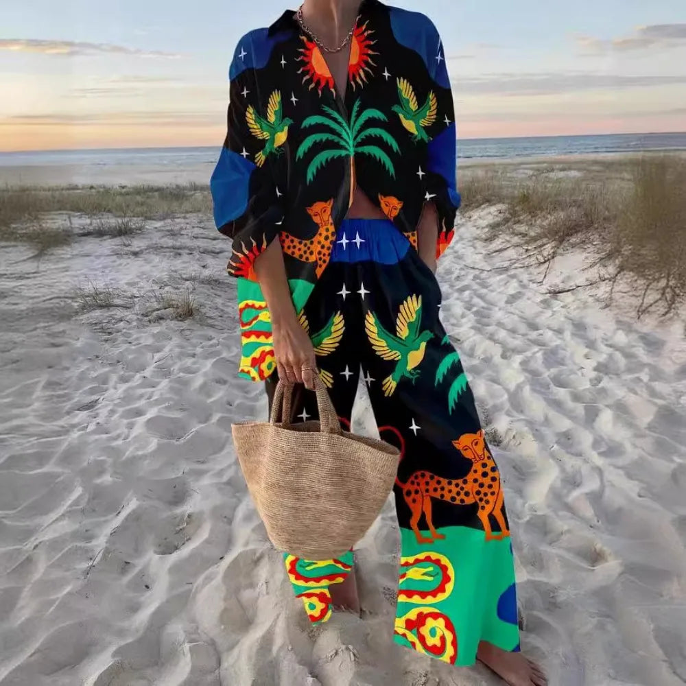 Print Shirt & Long Pants Casual Loose Two Piece Set