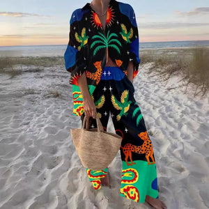Print Shirt & Long Pants Casual Loose Two Piece Set