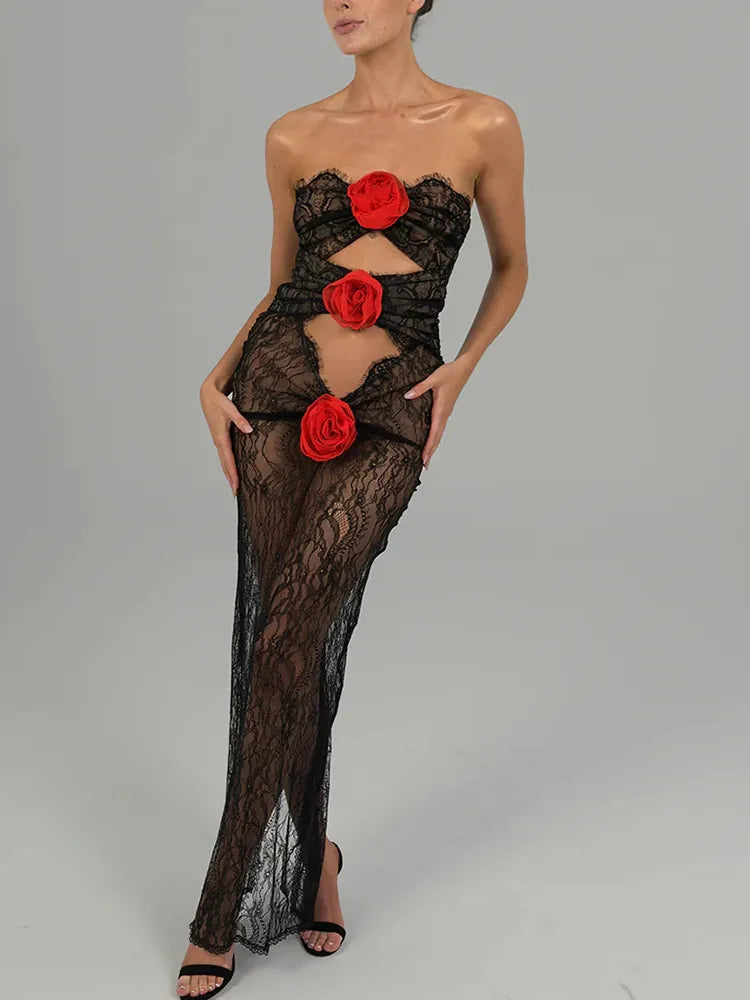 Flower Strapless Lace Maxi Dress