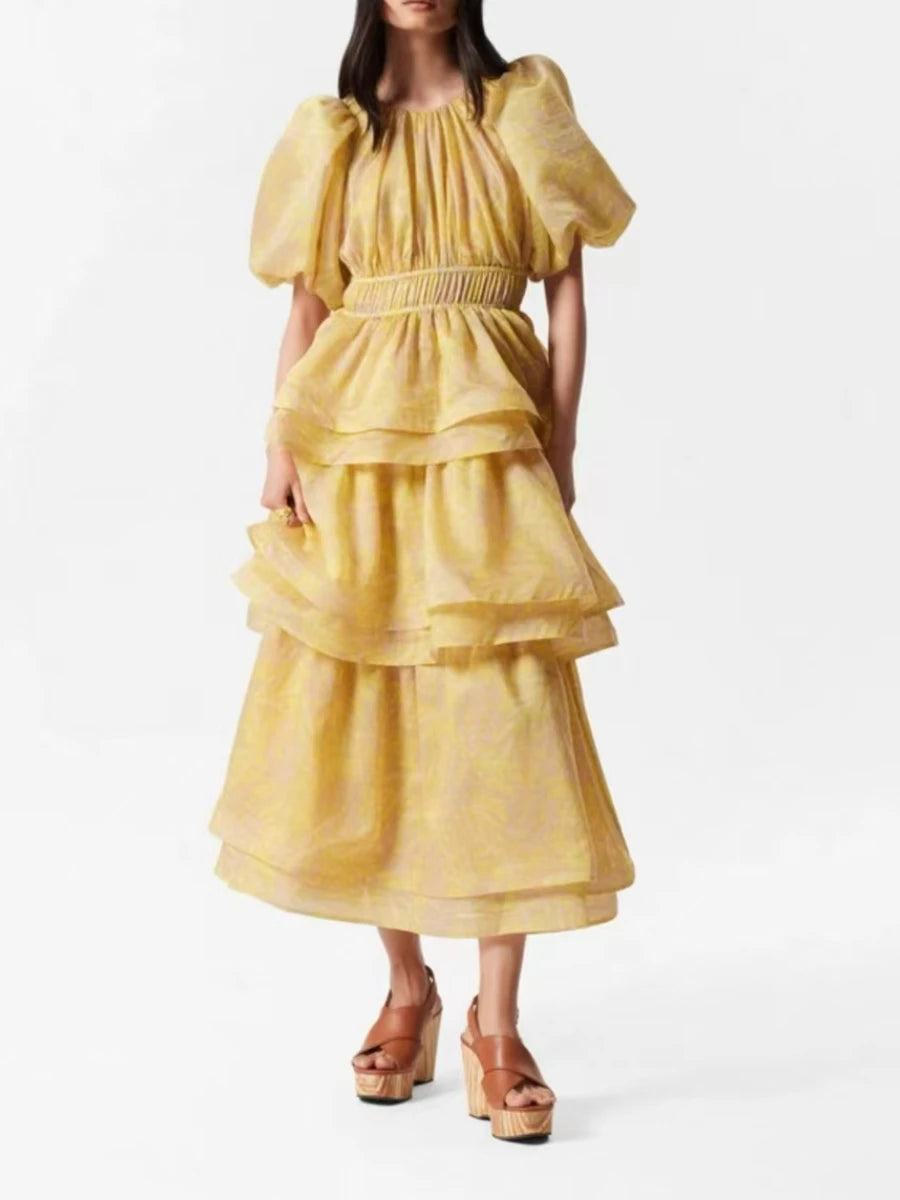 Hit Printing Puff Sleeve Loose A Line Vintage Dress