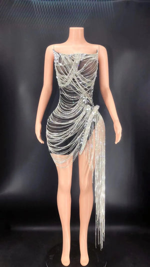 Rhinestone Luxury Crystal Tassel Silver Black Short Dresses