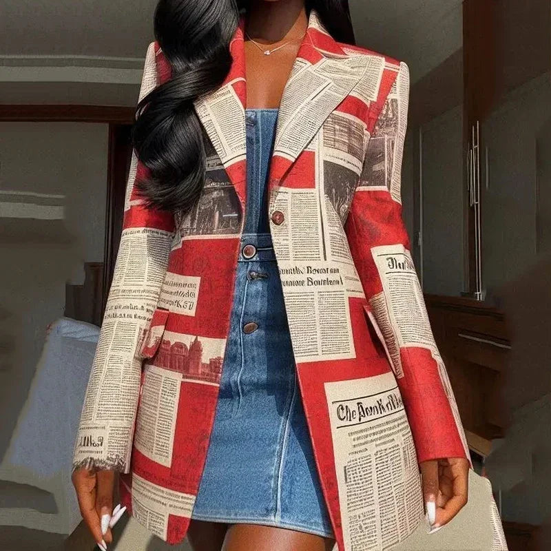 Newspaper Print Pattern Notched Collar Streetwear Blazer Outerwear