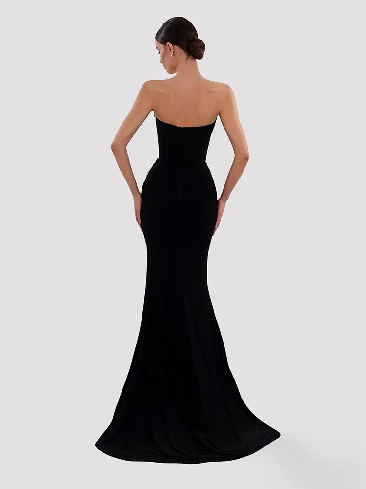 Strapless Backless Crystal Velvet Black  Bodycon Gowns