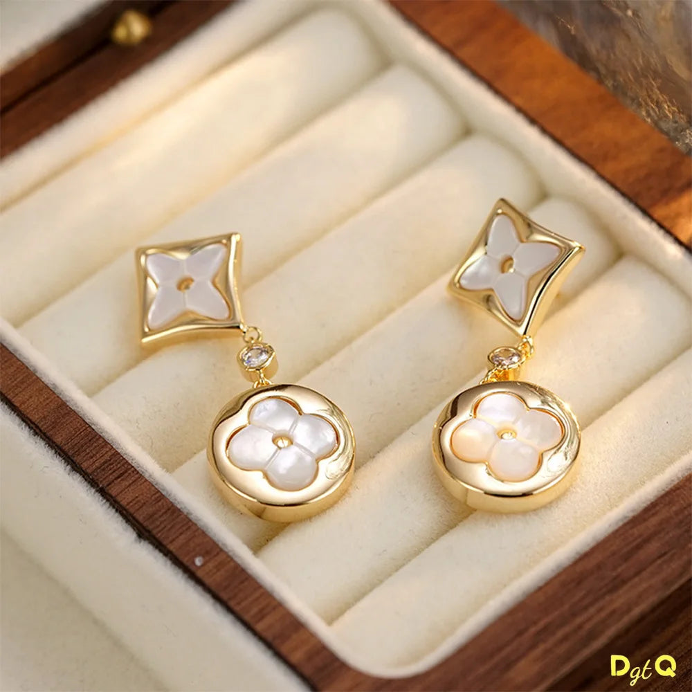 Vintage Double Flower Stainless Steel Acrylic with Leaf Flower Pendant Earrings