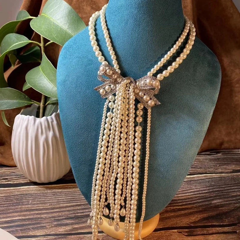Light Luxury High-end Butterfly Bow Pearl Tassel Necklace