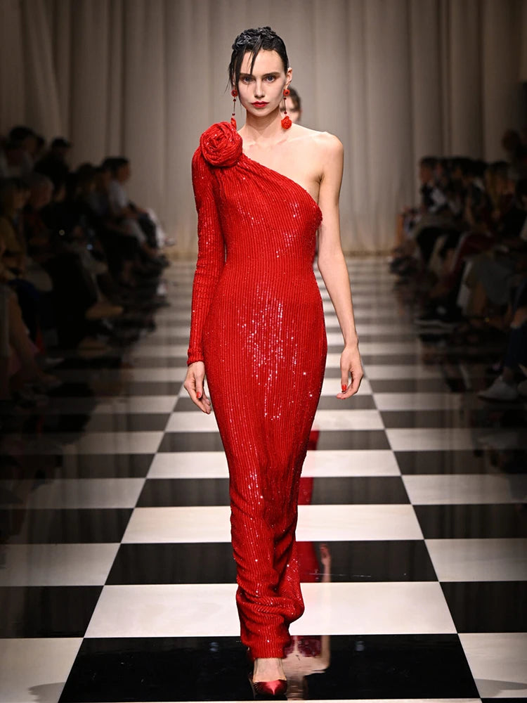 Red One Shoulder Sparkle Sequins Dress