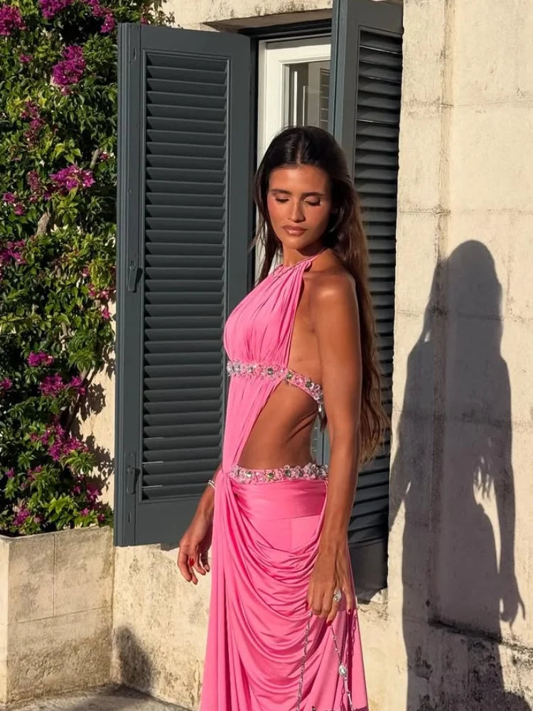 Pink Satin Sequin Halter Dress