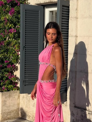Pink Satin Sequin Halter Dress
