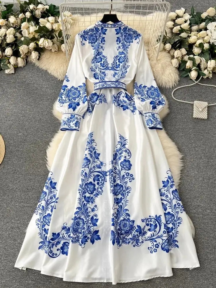 Blue Golden Flower Print Dress