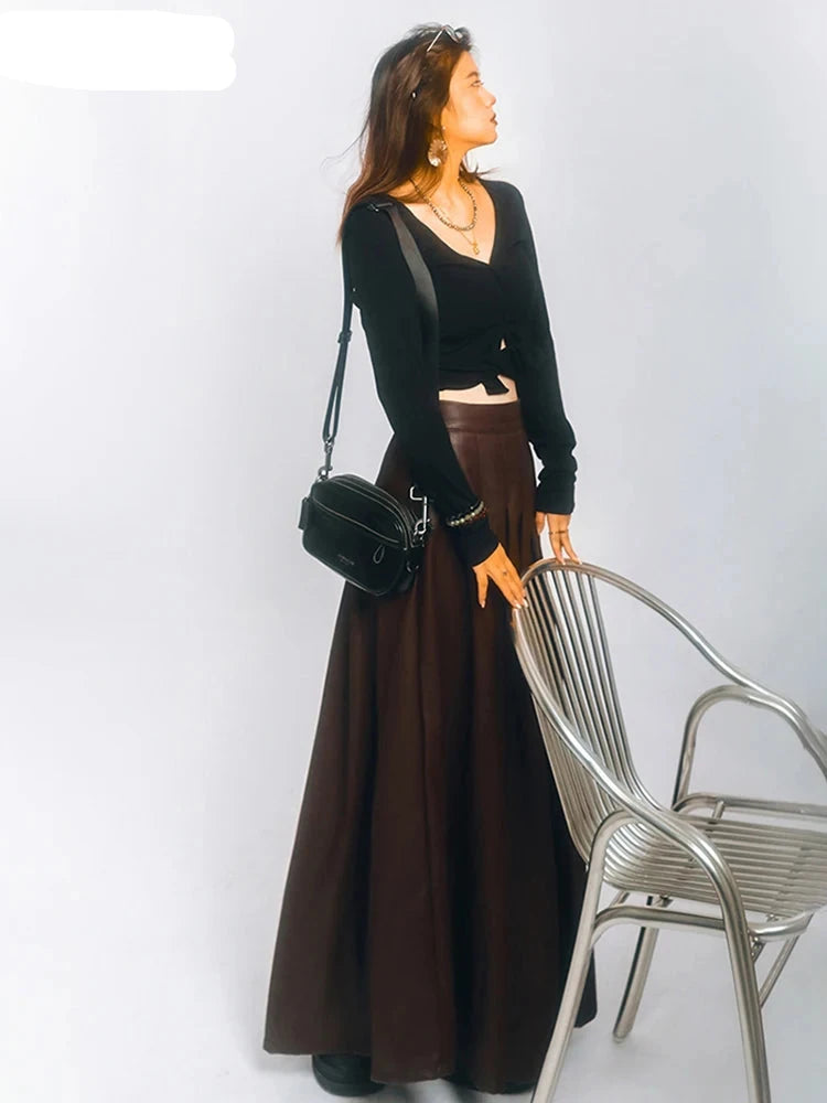 Chic Brown Soft Pu Leather Maxi Pleated Skirt