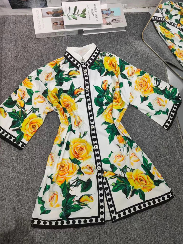 Yellow Rose Printed Single-breasted Shirt Bat Sleeve