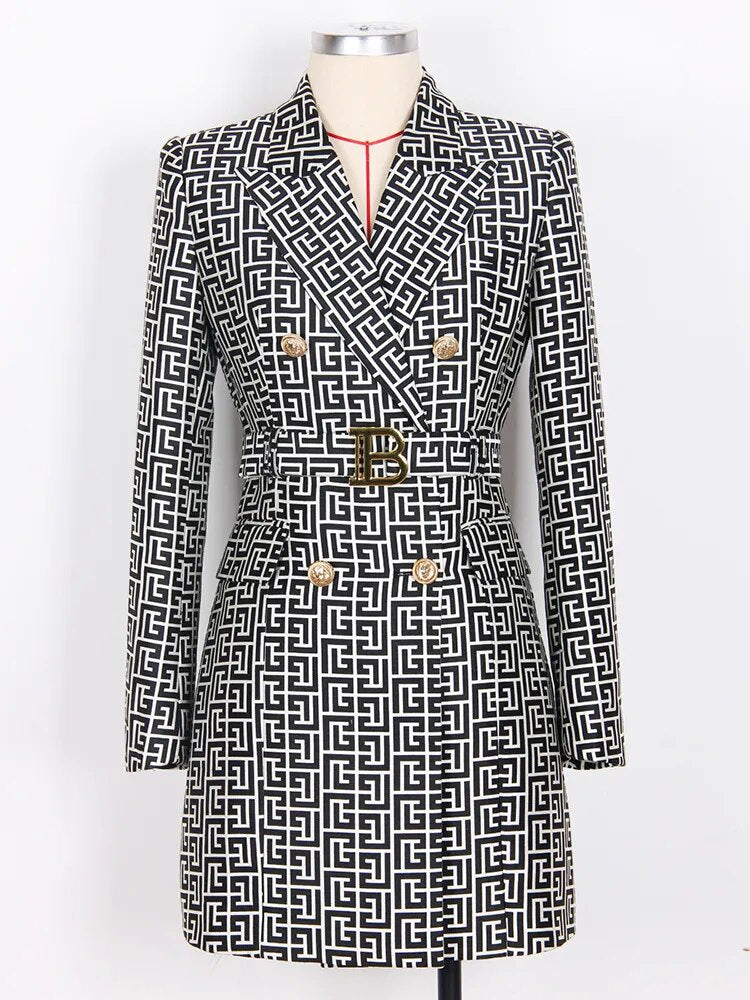 DesignerLion Buttons Geometrical Monogram Jacquard Belted Dress