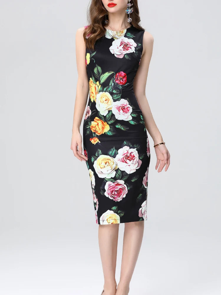 Retro Printed Slim Fit Round Neck Vest Dress