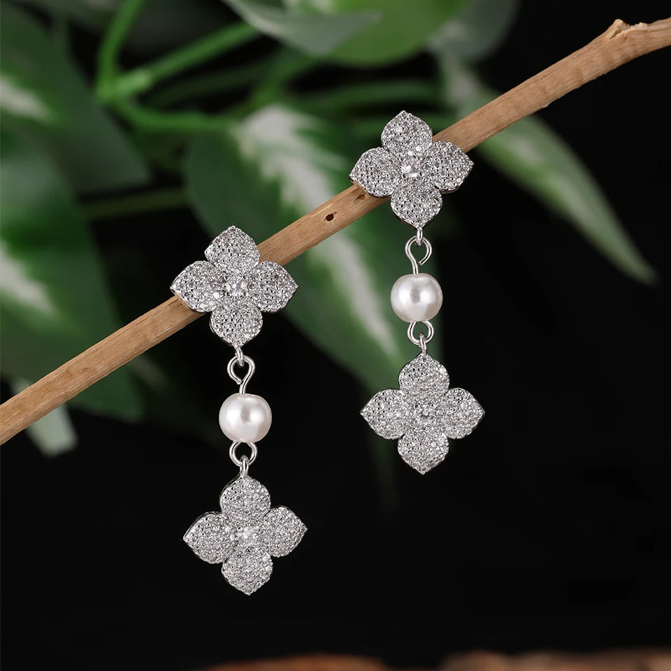 Micro pave Zirconia Leaf Flower Drop Earring