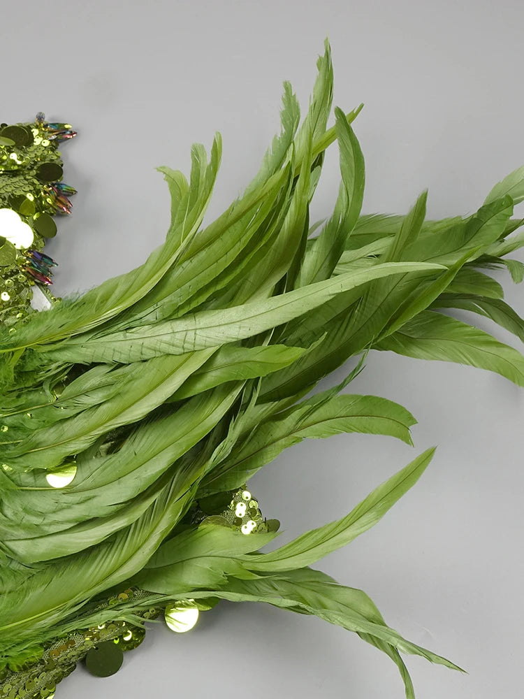 Green Feather Shining Sequins Strapless Slim High Slit Beads Tassels Dress