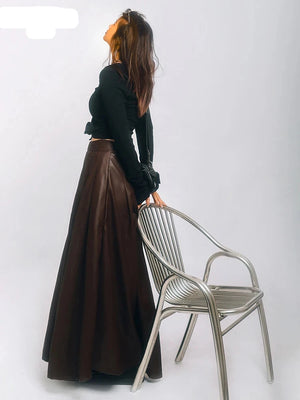 Chic Brown Soft Pu Leather Maxi Pleated Skirt