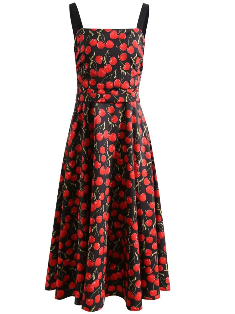 Designer Suspender Cherry Print Dress
