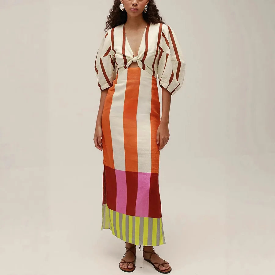 Floral Flower Color Stripes Printed Linen Dress