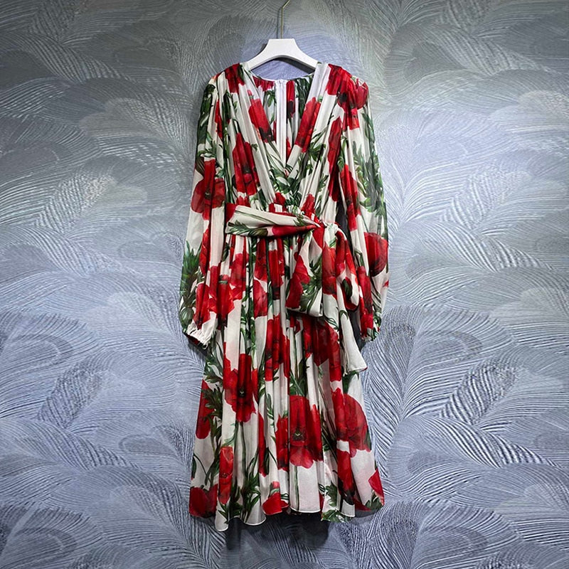 High Quality Designer Real Silk With Belt Safflower Print Midi Dresses