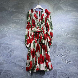 High Quality Designer Real Silk With Belt Safflower Print Midi Dresses
