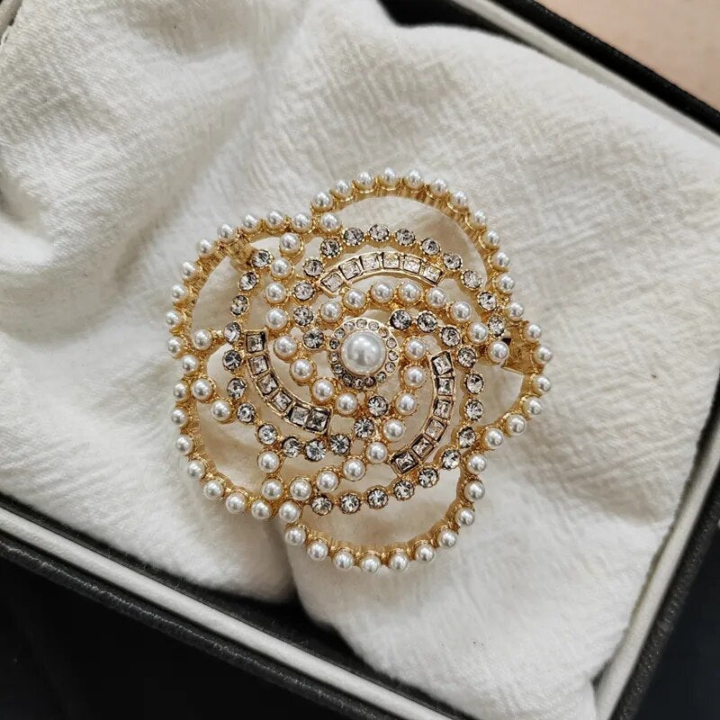Pearl Camellia Flower Crystal  Brooch