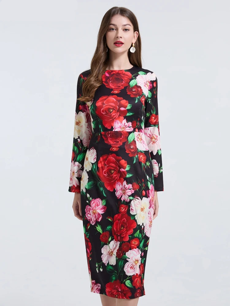 Elegant Rose Flower Pencil Dress