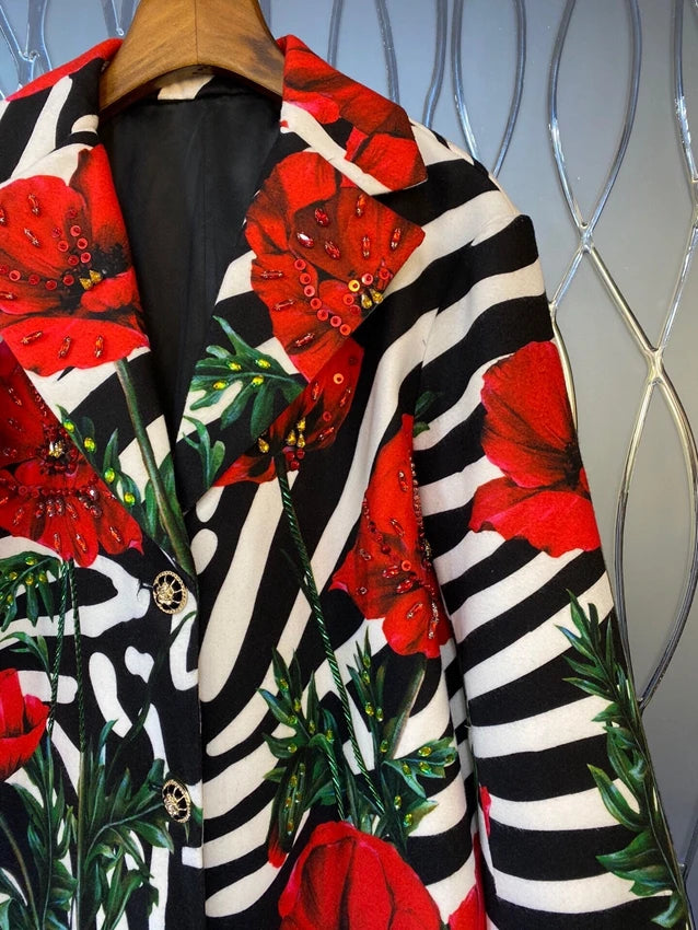 Runway Fashion Red Flower Print Sequined Beading Crystal Zebra Wool Blends Trench Coat