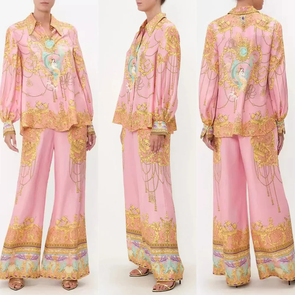 Leisure Long-sleeved Pink Printed Shirt Trousers Sets