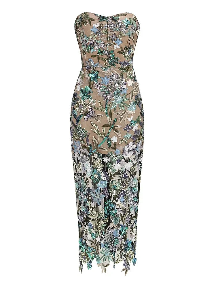 New Sexy Strapless Floral Sequin Long Dress