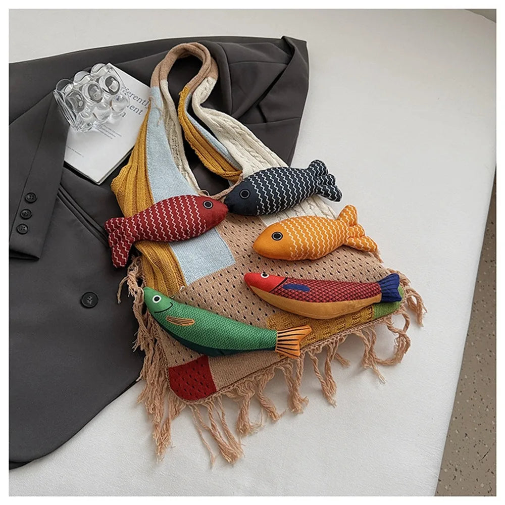 Summer Cotton Crochet Fish Large Capacity Hollow Out Weave Bag