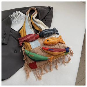 Summer Cotton Crochet Fish Large Capacity Hollow Out Weave Bag