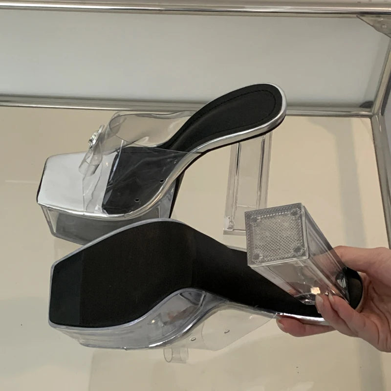 Silver CRYSTAL PVC Transparent Platform Slippers