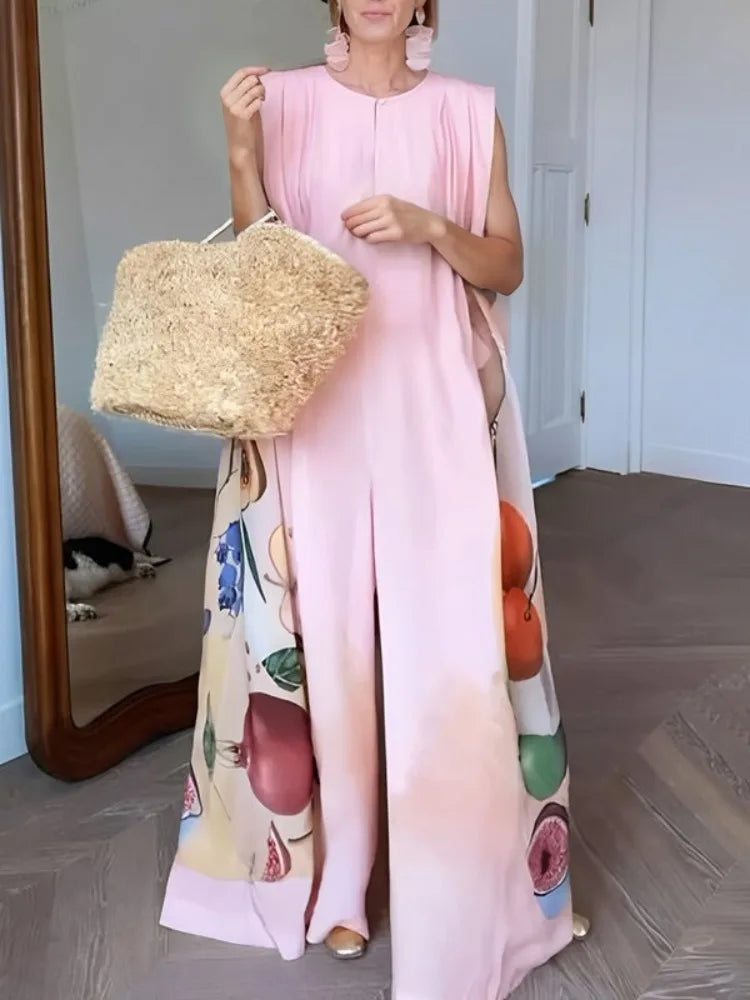 Fruit Printed Wide Leg Pink Jumpsuit