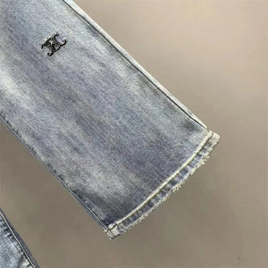 Light Blue Letter Embroidered Hot Diamond Denim Pants