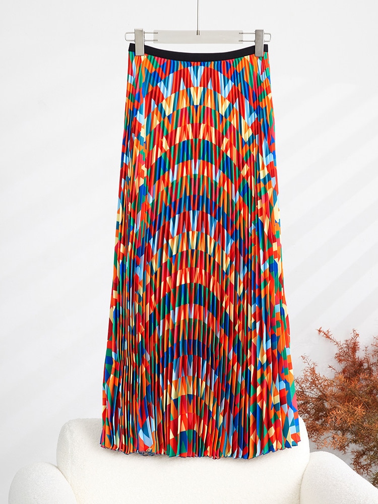 Pleated Elastic Waist Skirt Color Block Set