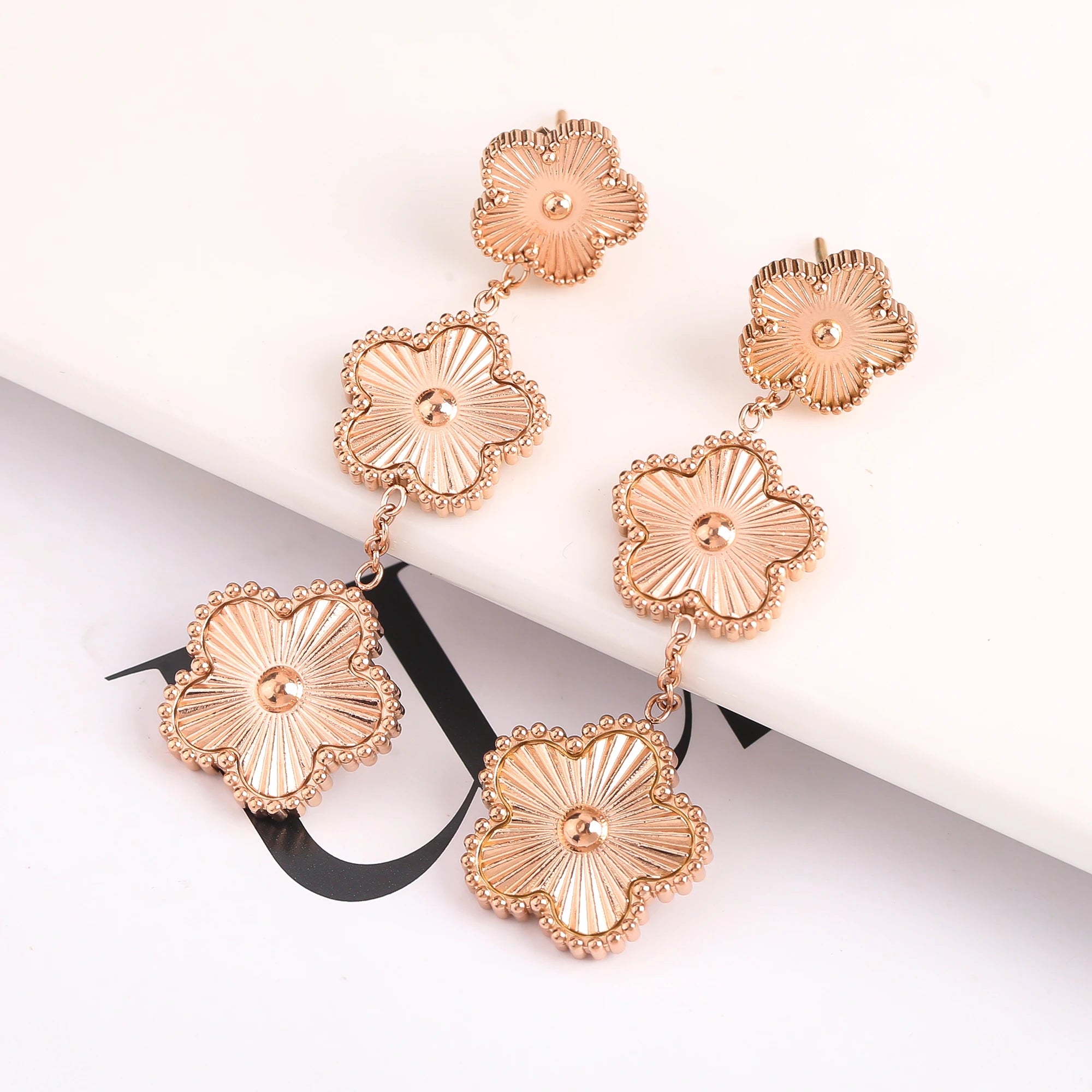 Metal Stainless Steel Double-Sided Five Leaf Flower Plum Blossom Tassel Earrings