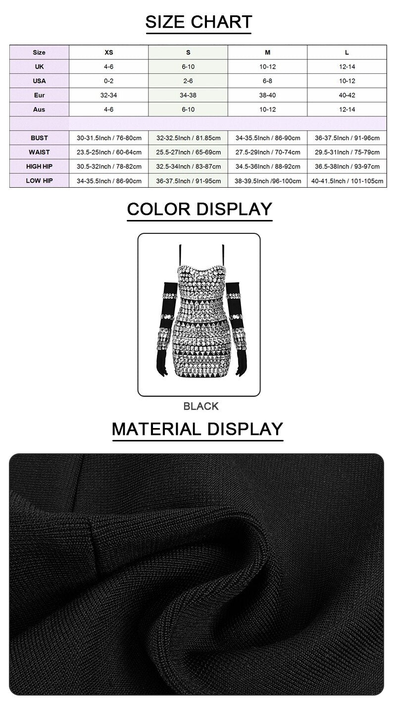 Luxury Gloves Diamond Bodycon Bandage Black Mini Dress
