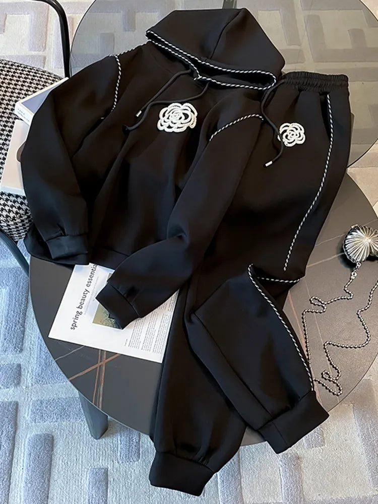 Two Piece Flower Hooded Black Hoodies+Casual Pants Suit