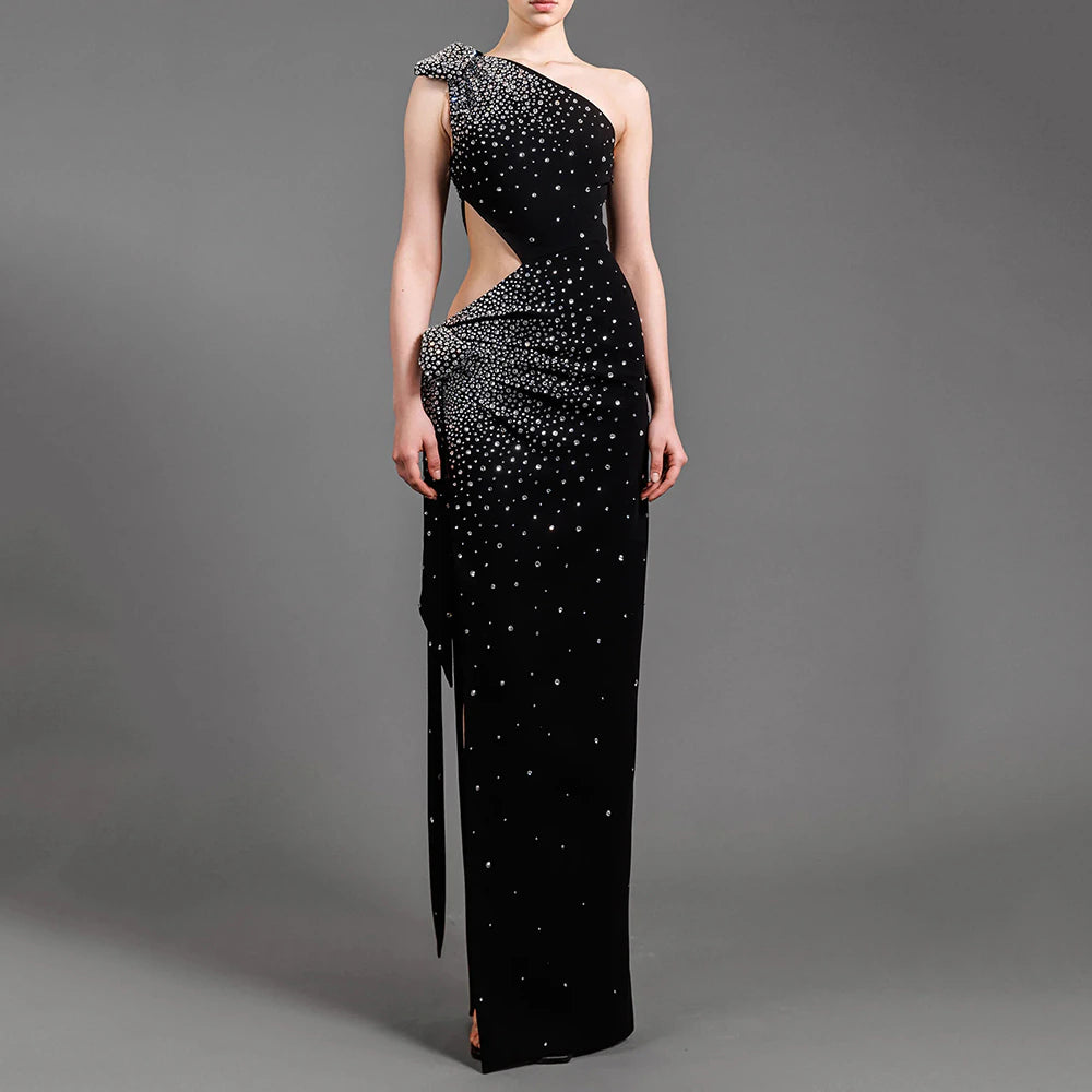 One Shoulder Waist Hollow Diamond Bow Dress