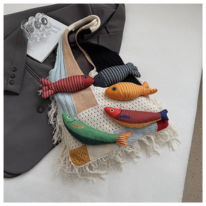 Summer Cotton Crochet Fish Large Capacity Hollow Out Weave Bag