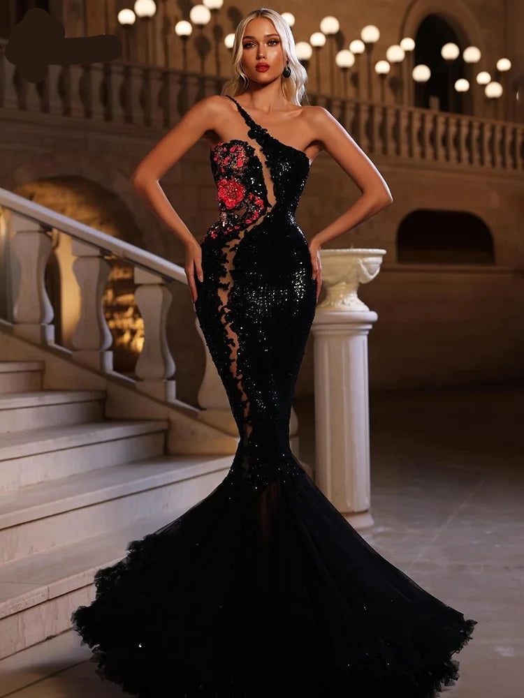 Glamorous Black One-Shoulder Sleeveless Mermaid Gown Dress with Red Floral Embellishments
