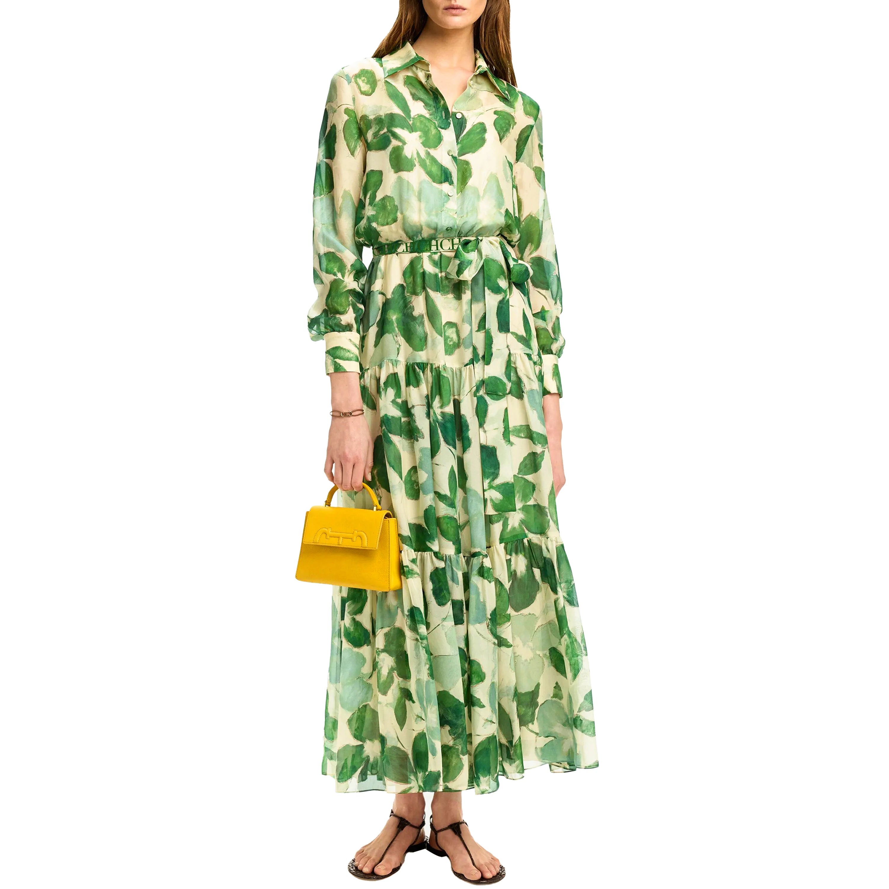New Belted Chiffon Print V-neck Chic Slim Long Dress