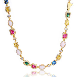 Rainbow Geometric Bling CZ Stone Chain Necklace
